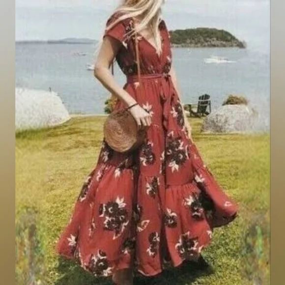Free People All I Got Tiered Red Floral Maxi Dress Size 2 - Picture 2 of 9